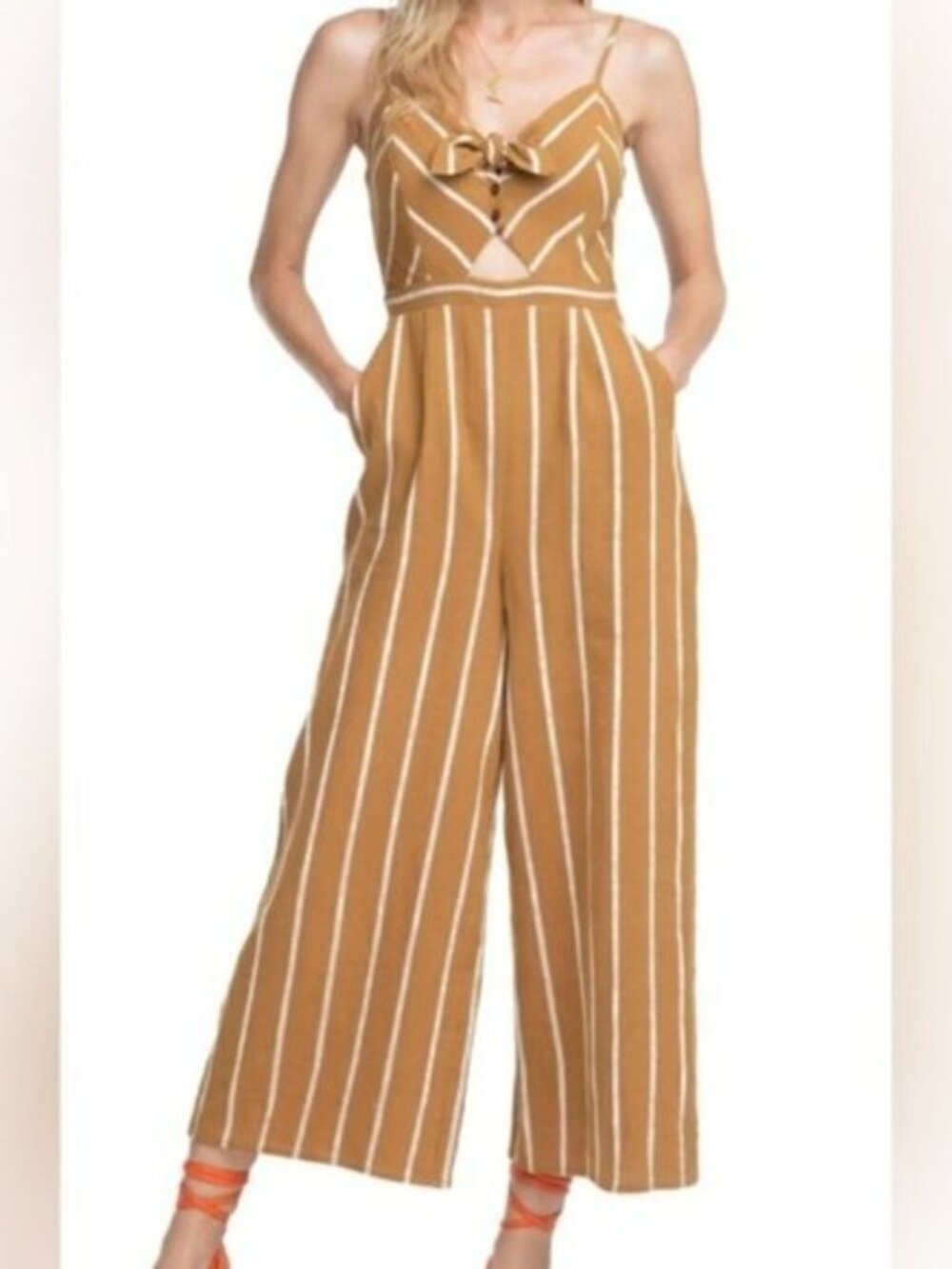 Astr The Label Dylan Jumpsuit Brown Striped Cropped Wide-Leg | Size Medium